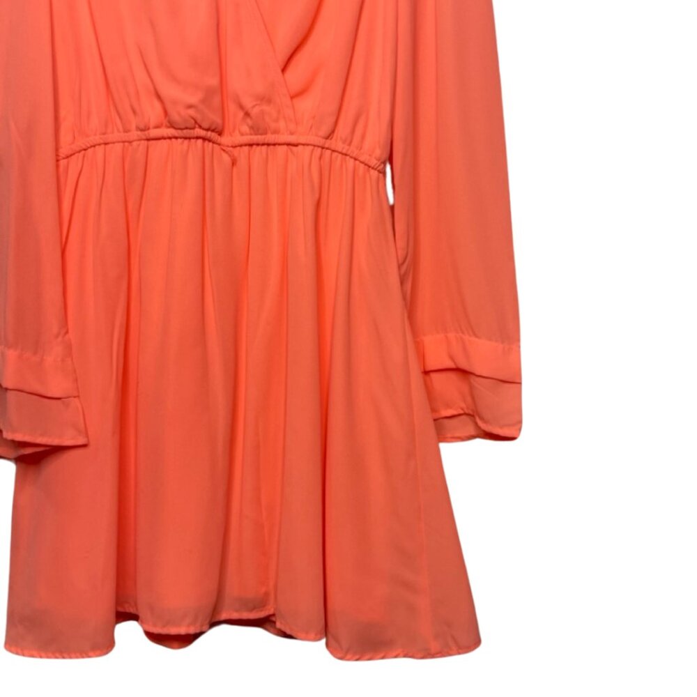 GIANNI BINI | Long Sleeve Bright Coral Lace Trim Mini Dress | Size L - Picture 3 of 13
